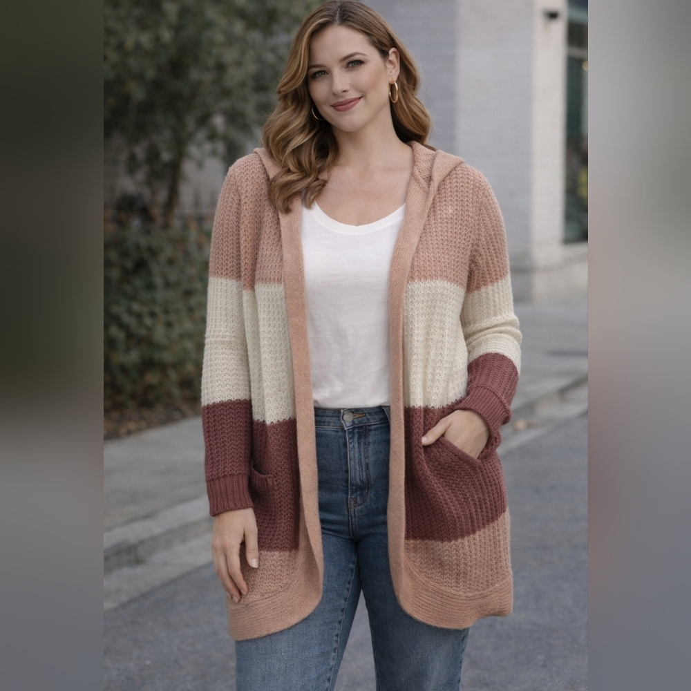 Boho Colorblock Hooded Cardigan Women M Derek Heart Cozy Fall Sweater